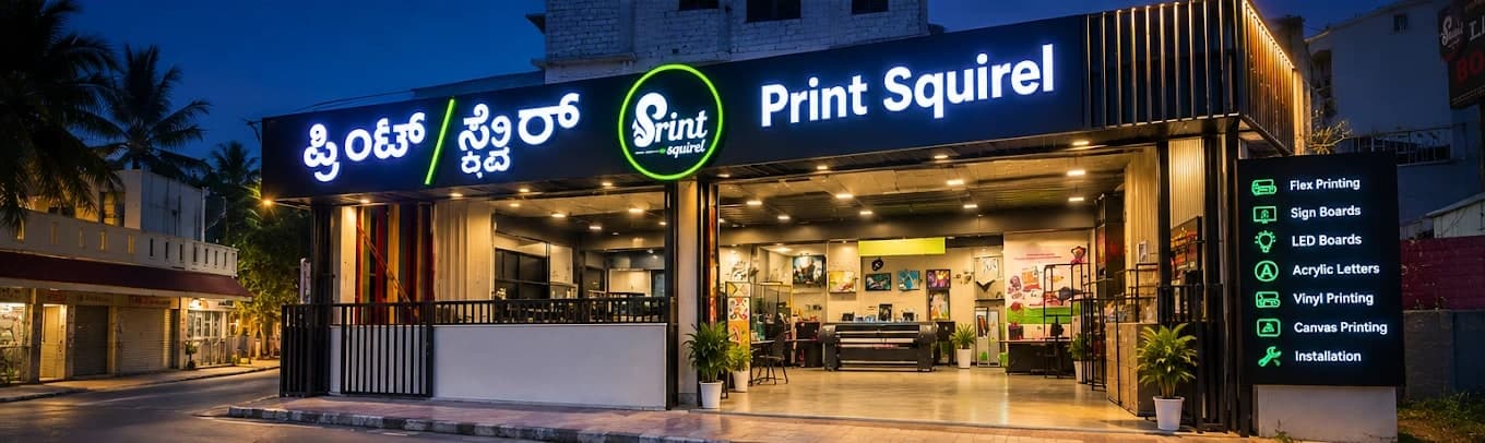 The Print Squirel storefront at night with its illuminated signboard